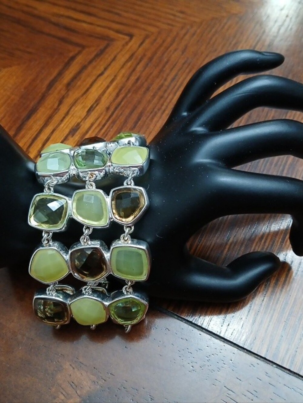 Dana Buchman 3 Row Adjustable Clasp Bracelet Silvertone Greens Brown Cabochons